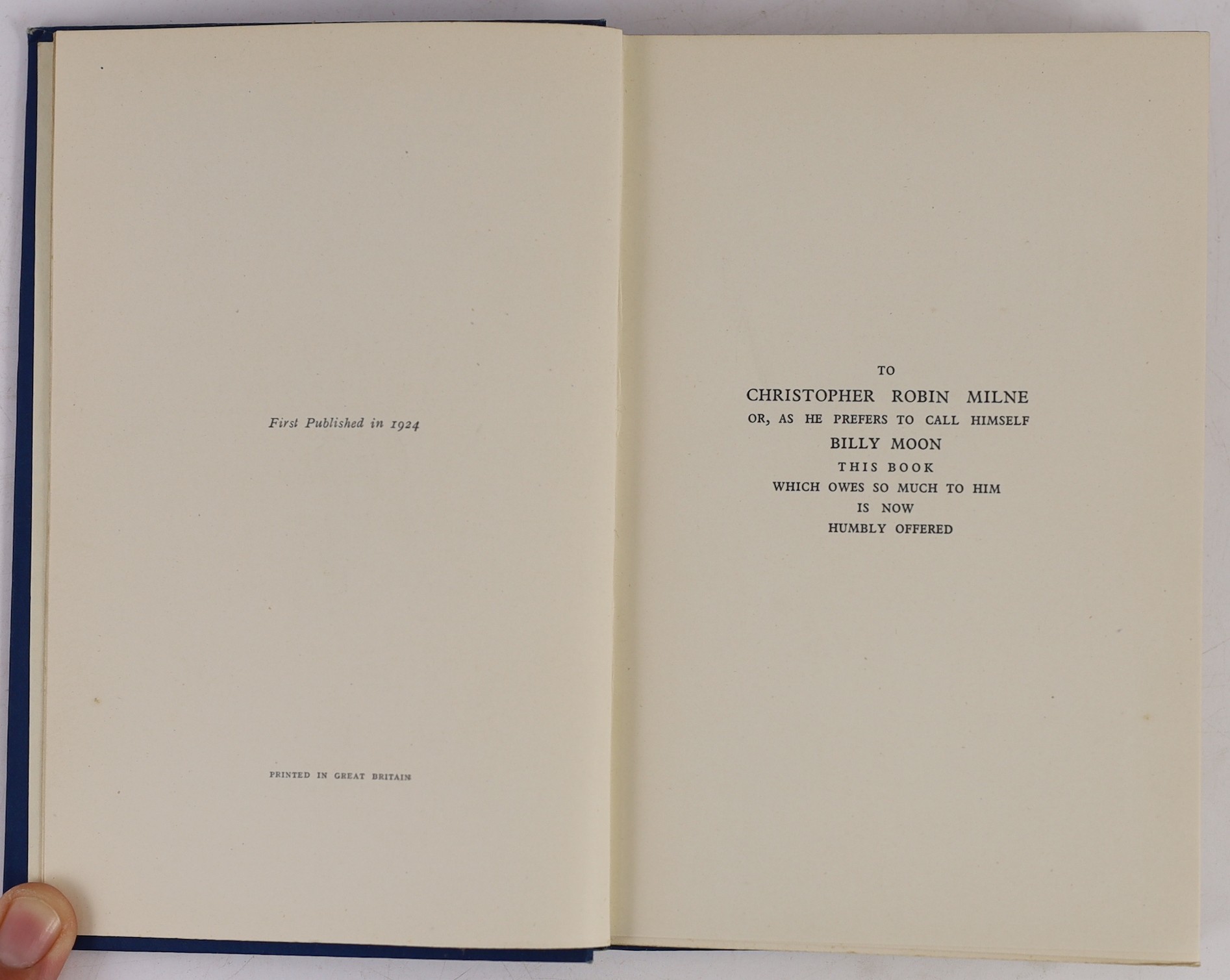 Milne, A.A - When We Were Very Young, 1st edition, 1st printing, second state with ix to foot of contents page, illustrated by Ernest Shepard, original blue pictorial cloth gilt stamped, with d/j, ownership inscription (